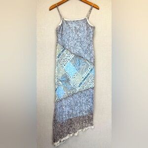 Vtg G-Dresses Y2K Sleeveless Blue Patchwork Maxi Dress Paisley Asymmetric Sz 7